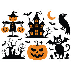 Playful Halloween silhouette illustration with spooky black and orange elements for festive themed design