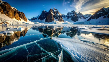 Scenic View of Snow-Capped Mountains with Cracked Ice and Sunset Reflections