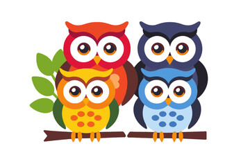 Fototapeta premium Colorful Cartoon Owls on a Branch- Cute Owl Family Illustration- Whimsical Bird Art for Kids- Nature Inspired Vector Graphic- Fun Animal Design