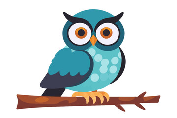 Cute Blue Cartoon Owl Perched on a Branch-Whimsical Bird Illustration for Kids-Adorable Animal Art-Bright Colors and Playful Design-Perfect for Children's Decor
