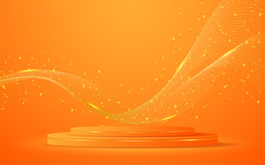 Orange podium with elegant gold wave lines on the back for product presentation. Display of cosmetic products. Stage or podium. vector illustration	