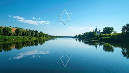 Obraz premium Serene River Landscape with Blue Sky and Reflection of Trees and Historical Architecture