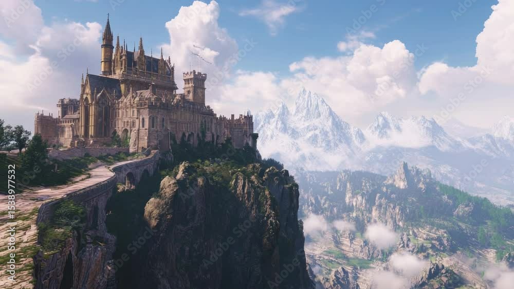 Poster A medieval-style castle sits atop a mountain peak, with misty clouds and greenery surrounding it