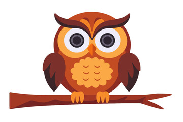 Fototapeta premium Cute Cartoon Owl on Branch Vector Illustration-Whimsical Bird Graphic for Kids-Adorable Owl Character Design-Children's Art-Forest Animal Illustration