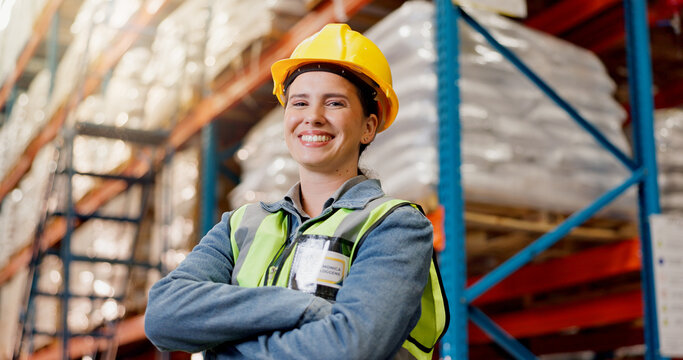 Portrait, logistics and arms crossed with woman in warehouse for cargo shipping, supply chain or trade. Distribution center manager, export and freight with person in factory for quality control