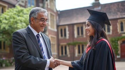 A graduate shakes hands with a proud mentor in an academic setting.