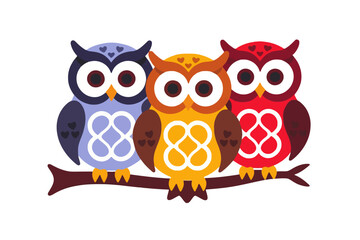 Cute Colorful Owls on Branch Illustration- Whimsical Owl Family Art- Perfect for Kids Room Decor- Cartoon Owls on Tree Branch- Digital Owl Clipart Image