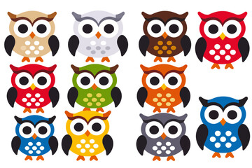 Obraz premium Cute Colorful Owl Clipart-Whimsical Owl Illustrations for Kids-Adorable Owl Graphics-Set of Cartoon Owls-Perfect for Craft Projects-Digital Owl Art-Owl Decals