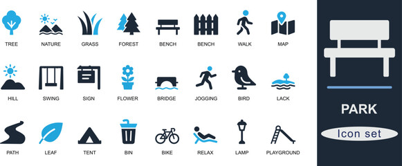 Flat solid park icon set with tree, bench, grass, trail, picnic, bike, garden, and camping elements. Ideal for UI, maps, outdoor, and nature designs.