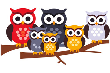 Cute Cartoon Owls on a Branch Illustration- Whimsical Owl Family Art for Kids- Colorful Owl Clip Art for Nursery Decor- Owls on Tree Branch Graphic Design