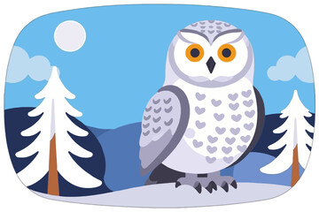 Obraz premium Winter Owl Landscape Illustration-Cute Snowy Owl Design-Holiday Season Art with Trees and Moon-Cartoon Owl in a Winter Scene-Animal Vector Graphic