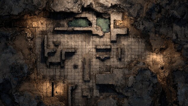Overhead view of a meticulously crafted dungeon map, featuring a gridded stone floor, crumbling walls, a small pool, and strategically placed light sources