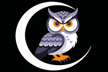 Obraz premium Owl Perched on Crescent Moon Illustration-Night Bird in Lunar Light-Cartoon Owl Design-Whimsical Animal Art-Celestial Owl Graphic-Nighttime Creature Design