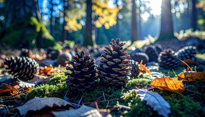 Fall Forest Scene With Pine Cones and Golden Leaves on the Ground