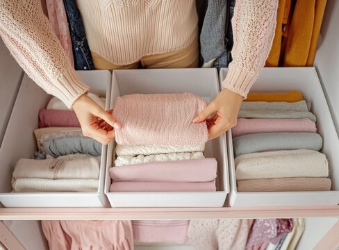 Organized closet with neatly folded clothes in pastel colors.