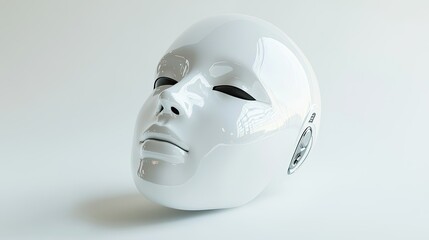 A smooth, white mask-like headpiece rests on a light background.