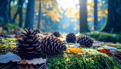 Fall Forest Scene With Pine Cones and Golden Leaves on the Ground