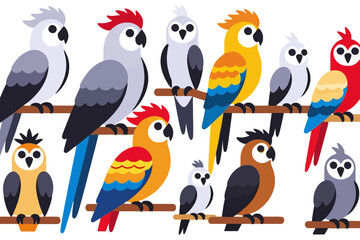 Fototapeta premium Colorful Cartoon Birds Illustration-Collection of Parrots and Owls Perched on Branches-Fun and Whimsical Bird Art for Kids and Nature Lovers-Adorable Avian Design