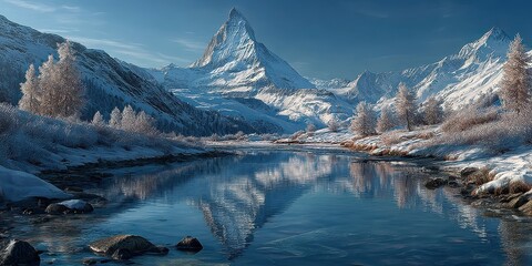 Snow-covered mountains and a reflective river create a serene winter landscape in the early morning light