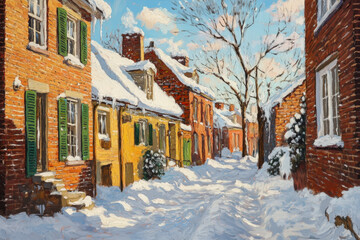 Charming winter painting of a snow-covered village street with colorful brick houses, bare trees, and soft morning light.