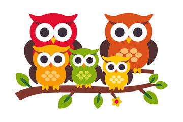 Fototapeta premium Cute Owl Family on Branch Vector Illustration- Whimsical Cartoon Owls- Perfect for Kids Decor- Colorful and Playful Owl Art- Download Now for Crafts and Designs