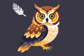 Obraz premium Cute Owl Illustration with Feather - Whimsical Bird Art for Kids - Colorful Owl Design on Black Background - Nature Inspired Artwork