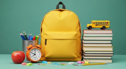 Backpack with school supplies and books ready for class