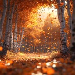 Golden Cascade: A Forest Path Ablaze with Autumn Hues, Sunlight Filtering Through Birch Trees as Leaves Gently Dance to the Earth, Creating a Warm, Serene Atmosphere.