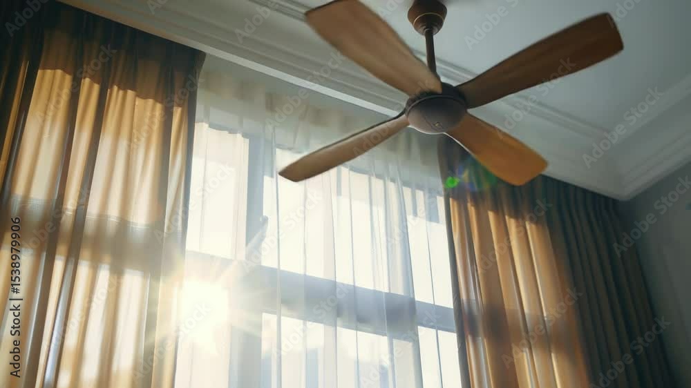 Poster a ceiling fan near a window with closed curtains, simple scene