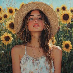 Golden Hour Serenity: Portrait of a Woman in a Sunflower Field, Embracing the Warmth of Summer and the Beauty of Nature Under the Azure Sky