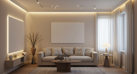 Fototapeta premium Elegant and modern living room interior design with beige sofa and contemporary lighting
