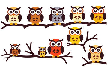 Fototapeta premium Colorful Cartoon Owls on Branches - Whimsical Owl Illustration for Kids - Cute Owls Vector Art for Nursery Decor and Creative Projects