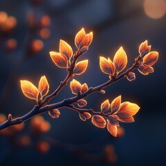 Golden Light on Spring Branch: A Glimpse of Emerging Life and Warmth Against the Deep Blue of Twilight's Embrace, Nature's Delicate Promise Unveiled.