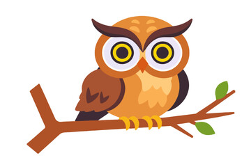 Cute Cartoon Owl Illustration-Wise Bird Perched on a Branch-Owl with Big Eyes-Vector Graphic for Kids-Nature and Wildlife Themed Art