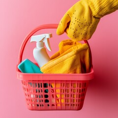 Hand in yellow glove placing cleaning supplies - spray bottle, rags, and a scrubber - into a pink plastic basket against a bright pink background.