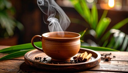 Herbal spiced tea served in terracotta cup with steam rising, surrounded by cloves, cinnamon sticks and pandan leaves