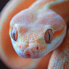 Hypnotic Gaze: Close-up of a striking orange and white albino snake, showcasing intricate scale patterns and captivating eyes, revealing its unique beauty and charm