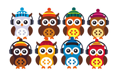 Obraz premium Cute Cartoon Owls Wearing Hats and Headphones-Colorful Bird Illustration-Fun Graphic Art for Kids-Playful Animal Design-Vector Image for Creative Projects