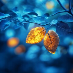Illuminated Autumn: Golden Leaves Glow on a Blue Branch, Revealing Intricate Patterns Against a Soft, Serene Background