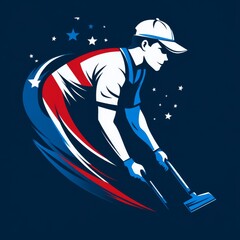 Illustrative Patriotic Sweeper Graphic with Stars and Stripes in Red, White, and Blue on Navy Background, Symbolizing American Values