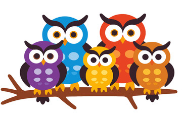 Cute Colorful Owls on a Branch Illustration- Whimsical Owl Family Art- Cartoon Owl Design for Kids- Nursery Decor with Adorable Owls- Owl Themed Graphics