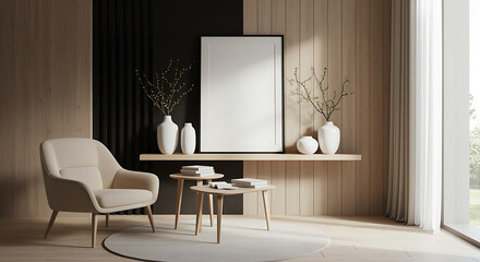 Modern interior design with blank picture frame and elegant decor in neutral tones