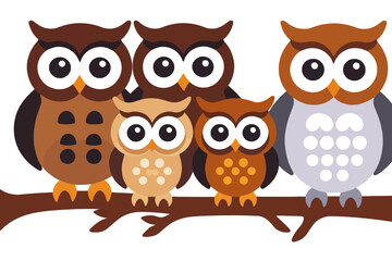 Fototapeta premium Cute Owl Family on a Branch Illustration-Adorable Cartoon Owls-Kids Room Decor-Nursery Art-Whimsical Bird Theme-Animal Illustration-Colorful Owls-Playful Design