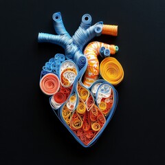 Intricate Paper Quilling: An Anatomical Heart Crafted with Blue, Orange, and Yellow Rolls of Paper, Set Against a Striking Black Backdrop, Showcasing Precision and Artistry.