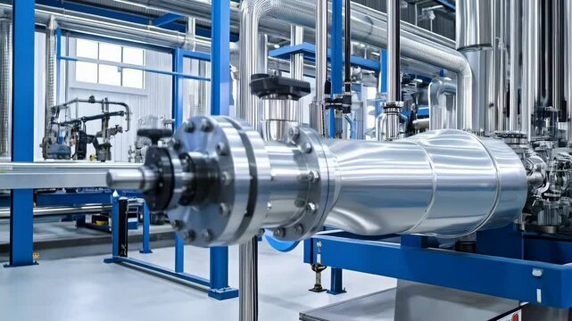 Close up of shiny metallic pipes and flanges in a modern industrial plant with blue framework supports and details.
