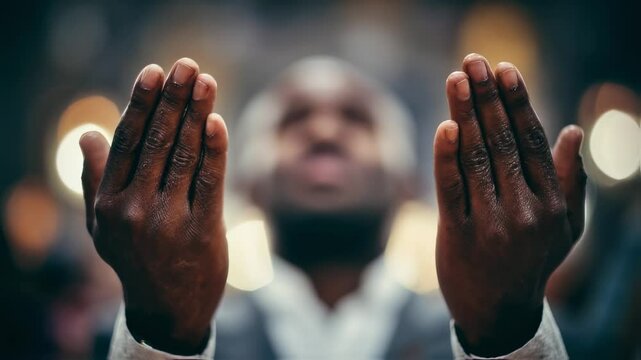 Hopeful businessman praying with open hands in mosque, seeking guidance and blessings, surrounded by soft, warm lights, creating a serene atmosphere