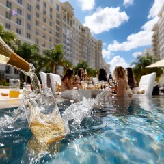 Luxury Poolside Celebration: Champagne Pour, Sparkling Water, Friends, and Summer Fun at a Resort, Building Backdrop