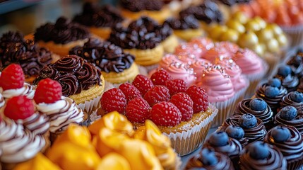 A close-up of different sweets creates a mouthwatering display of colorful confections, showcasing an array of sugary treats that tempt the senses with their vibrant colors and textures.