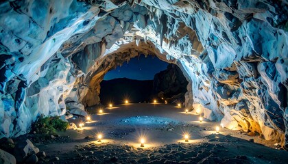 Illuminated Cave Entrance at Dusk with Stars in a Clear Blue Sky