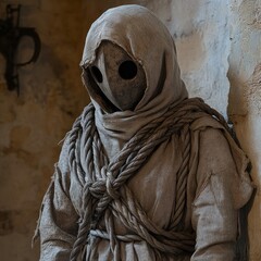 Mysterious Figure in Burlap and Rope: An Enigmatic Sentinel with a Hollow Gaze, Guardian of the Forgotten Secrets, Standing Vigilant in an Ancient, Stone-Walled Sanctuary